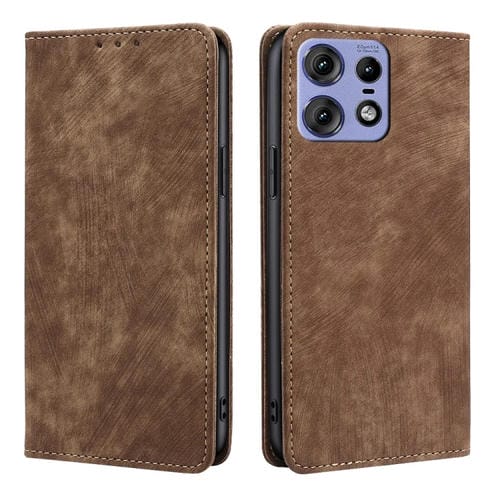 Funda de Cuero Magnética con Cepillo Antirrobo RFID para Motorola Edge 50 Pro 5G (Marrón)
