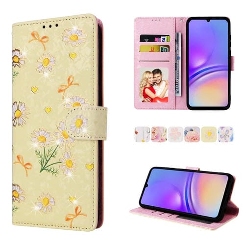 Funda de Cuero RFID para Samsung Galaxy A05 con Pintura Bronceada (Margarita Amarilla)