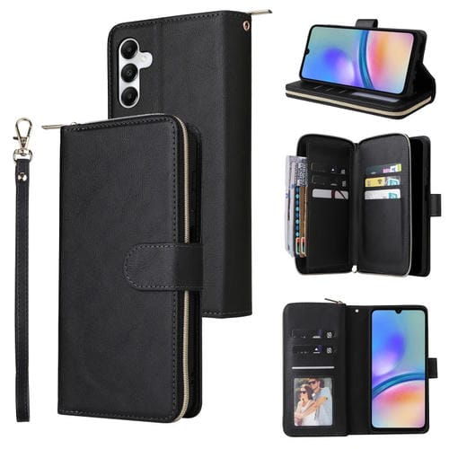 Funda Tipo Billetera Samsung Galaxy A05S 9 Ranuras Tarjetas Cremallera Cuero (Negro)