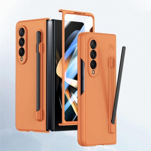 Estuche para teléfono Samsung Galaxy Z Fold4 5G con sensación de piel integrada para PC con bolígrafo (Naranja)