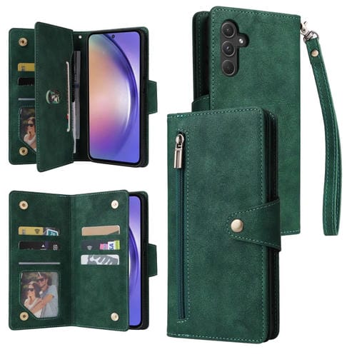 Funda de Cuero para Samsung Galaxy A55 con Remache Hebilla y Billetera 3 Pliegues 9 Tarjetas (Verde)
