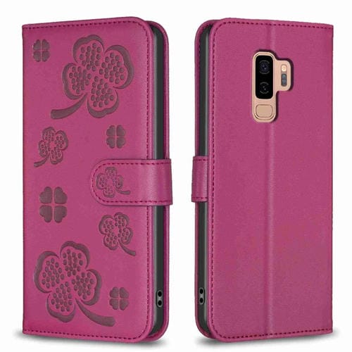 Funda para Samsung Galaxy S9 Cuero Relieve Cuatro Hojas (Rojo Rosa)