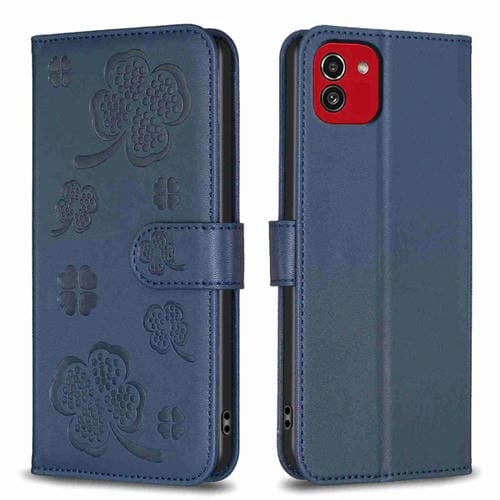 Funda de Cuero para Samsung Galaxy A03 166mm con Relieve de Cuatro Hojas (Azul)