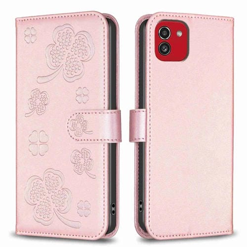 Funda de Cuero Samsung Galaxy A03 166mm con Relieve de Cuatro Hojas (Rosa)