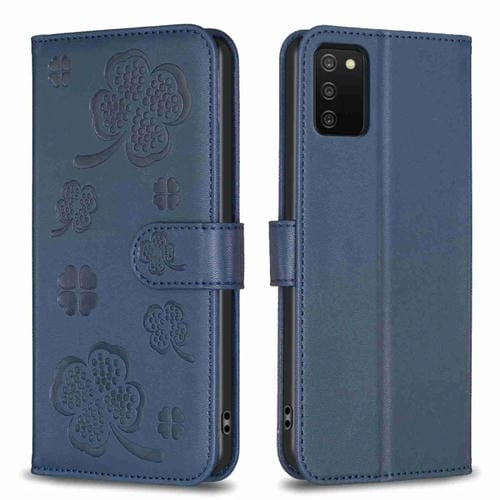 Funda para Teléfono Samsung Galaxy A03S A02S Cuero con Relieve de Cuatro Hojas (Azul)