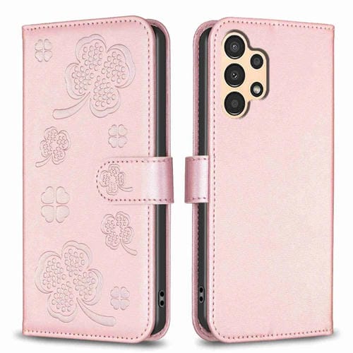 Funda de Cuero Samsung Galaxy A13 A04 4G con Relieve de Cuatro Hojas (Rosa)