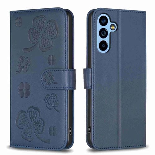 Funda de Cuero Samsung Galaxy A14 con Relieve de Cuatro Hojas (Azul)