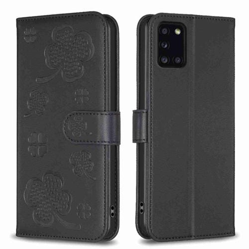 Funda para Samsung Galaxy A31 Cuero con Relieve de Cuatro Hojas (Negro)