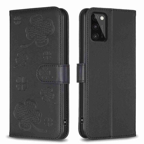 Funda de Cuero para Samsung Galaxy A41 con Relieve de Cuatro Hojas (Negro)