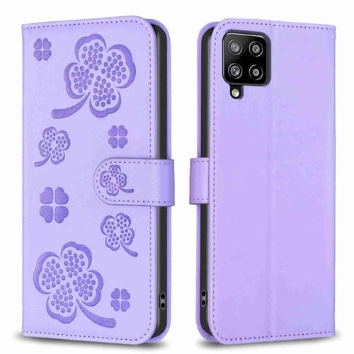 Funda para Samsung Galaxy A42 5G Cuero Relieve Cuatro Hojas (Púrpura)