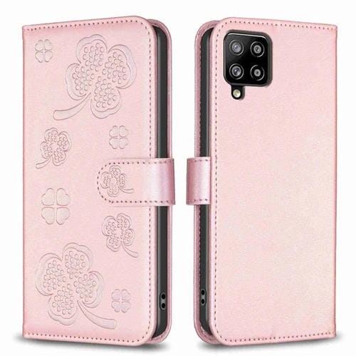 Funda de Cuero Samsung Galaxy A42 5G con Relieve de Cuatro Hojas (Rosa)