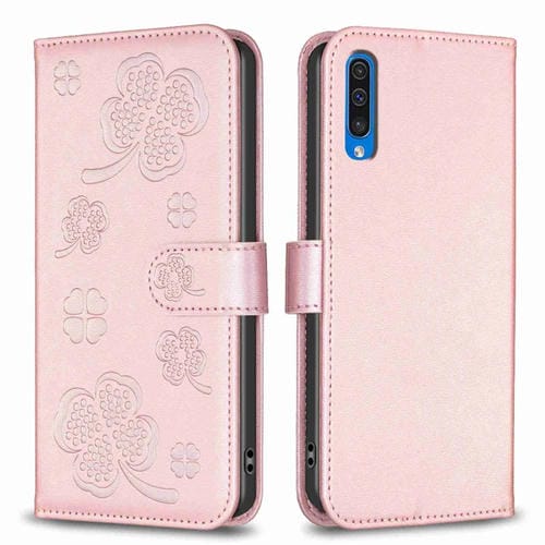 Funda para Samsung Galaxy A50 Cuero Relieve Cuatro Hojas (Rosa)