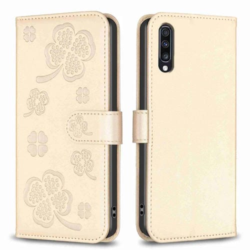 Funda para Samsung Galaxy A70 Cuero Relieve Cuatro Hojas (Dorado)