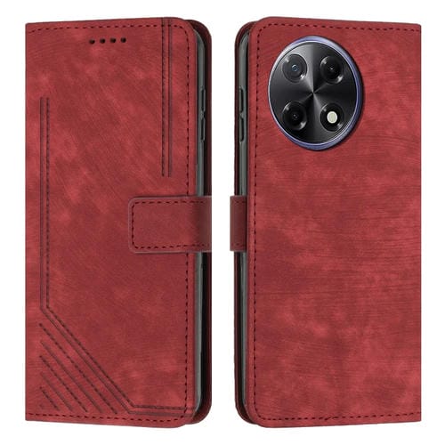 Funda de Piel Sintética para Tecno Camon 30S con Diseño de Rayas y Cordón Largo (Rojo)