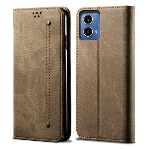 Funda de Cuero con Tapa y Textura Vaquera para Motorola Moto G35 (Caqui)