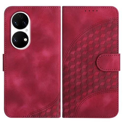 Funda de Cuero Huawei P50 con Relieve de Cabeza de Elefante y Cordón (Rosa Rojo)
