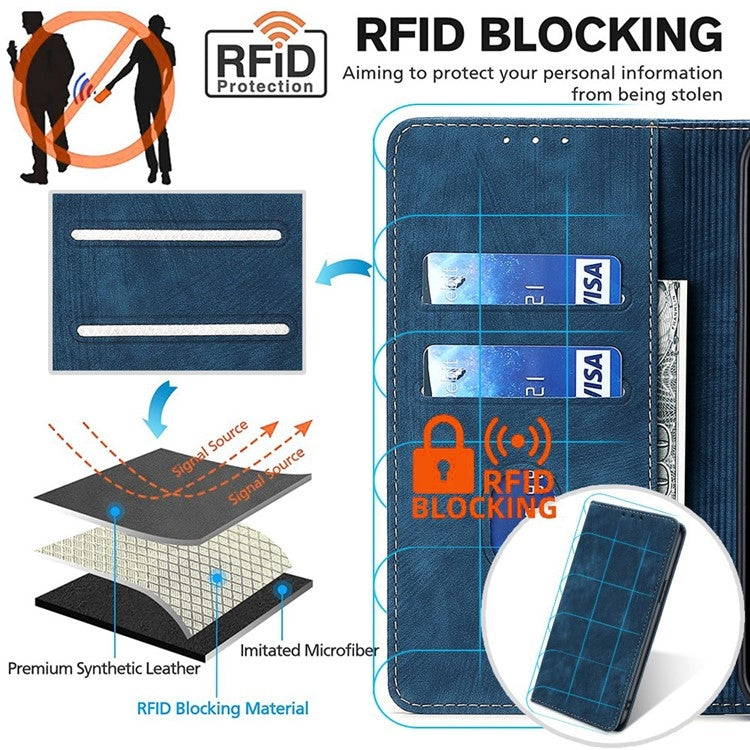Funda de Cuero Magnética para Teléfono TCL 502 con Cepillo Antirrobo Rfid (Azul)
