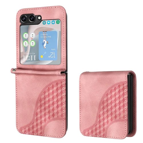 Funda de Cuero Samsung Galaxy Z Flip5 5G Yx0060 con Relieve Cabeza de Elefante y Cordón (Rosa)