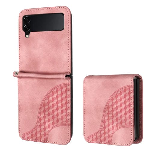 Funda de Cuero Samsung Galaxy Z Flip3 5G Yx0060 con Relieve y Cabeza de Elefante con Cordón (Rosa)