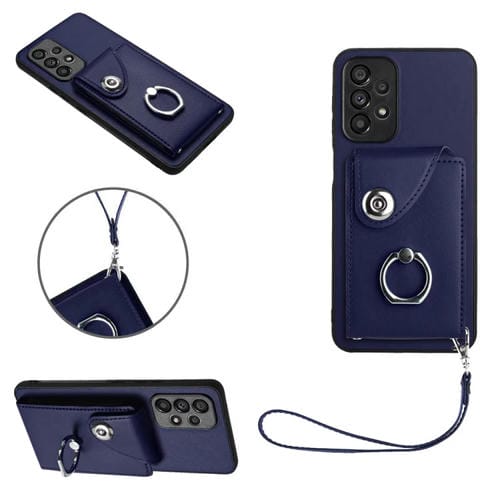 Funda para Teléfono Samsung Galaxy A52 4G y 5G Pu con Soporte para Anillo y Bolsa para Tarjeta con Cordón (Azul)