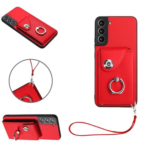 Bolsa para Tarjeta + Soporte para Anillo + Funda para Samsung Galaxy S21 FE 5G de PU con Cordón (Rojo)