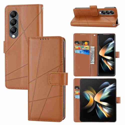 Funda para Teléfono Samsung Galaxy Z Fold3 con Línea en Relieve y Textura de Cuero Genuino (Marrón)