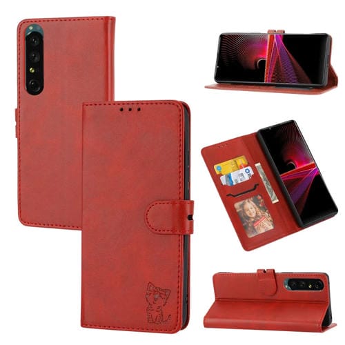 Funda de Cuero con Tapa para Sony Xperia 5 Vi Diseño Gato Feliz en Relieve (Rojo)