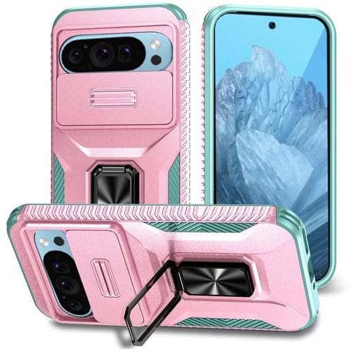 Funda para Google Pixel 9 con Soporte Deslizante para Levas (Rosa + Gris Verde)