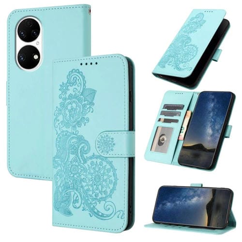 Funda de Cuero con Tapa y Relieve Flor de Datura para Huawei P50 (Azul Claro)