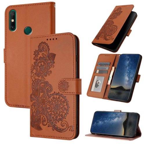 Funda de Cuero con Tapa y Flor de Datura en Relieve para Huawei Enjoy 20E (Marrón)