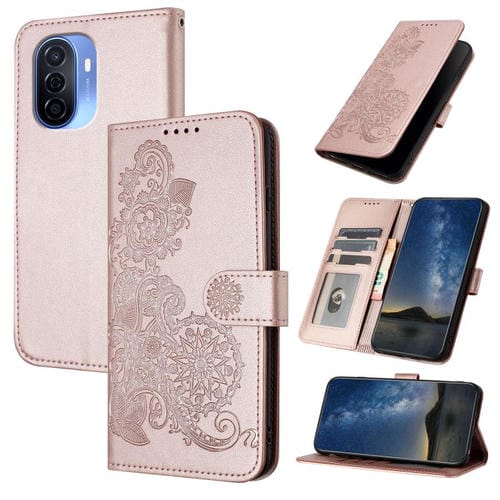 Funda de Cuero con Tapa y Relieve Flor de Datura para Huawei Enjoy 50/Nova Y70 (Oro Rosa)