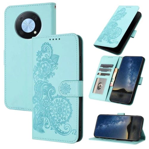 Funda de Cuero con Tapa y Relieve Flor de Datura para Huawei Enjoy 50 Pro/Nova Y90 (Azul Claro)