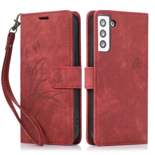 Funda para Teléfono Samsung Galaxy S21 FE 5G Cuero Relieve Mariposa Orquídea (Rojo)