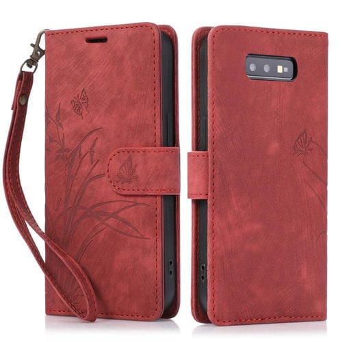 Funda para Teléfono Samsung Galaxy S10E Cuero Relieve Mariposa Orquídea (Rojo)