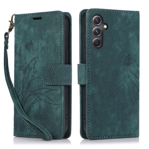 Funda para Teléfono Samsung Galaxy A14 4G / 5G Cuero Relieve Mariposa Orquídea (Verde)