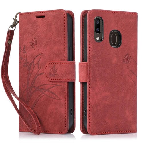 Funda para Teléfono Samsung Galaxy A20E A10E Cuero Relieve Mariposa Orquídea (Rojo)