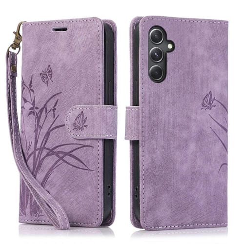 Funda para Teléfono Samsung Galaxy A34 5G Cuero Relieve Mariposa Orquídea (Púrpura)