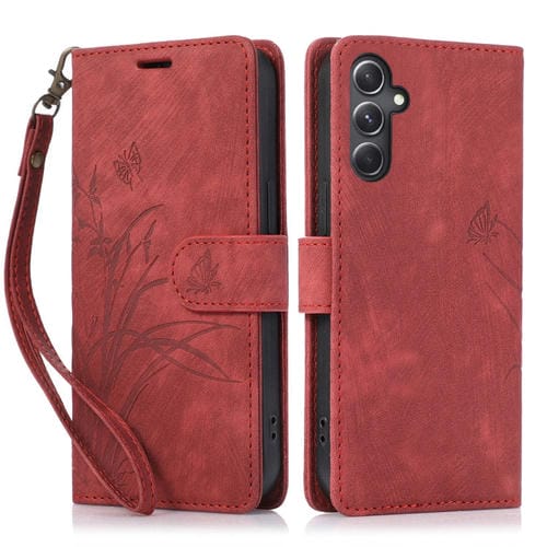 Funda para Teléfono Samsung Galaxy A34 5G Cuero Relieve Mariposa Orquídea (Rojo)
