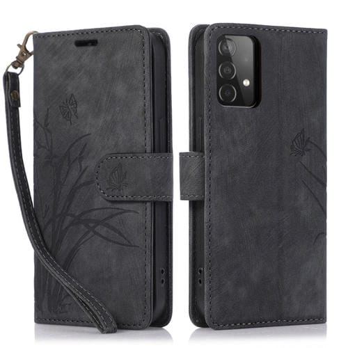Funda para Samsung Galaxy A52 4G y 5G Cuero Relieve Mariposa Orquídea (Negro)