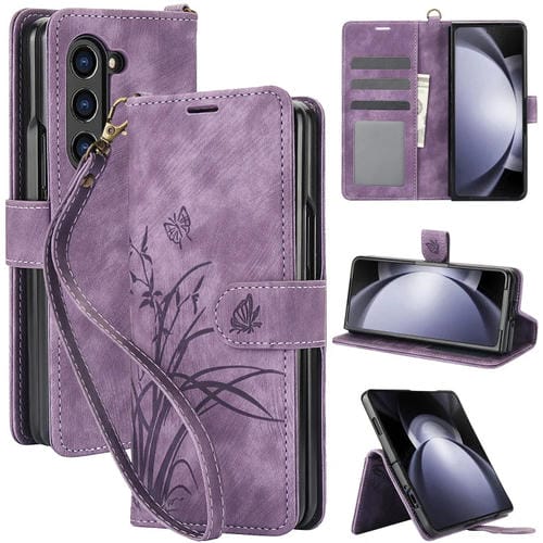 Funda para Teléfono Samsung Galaxy Z Fold5 Cuero Relieve Mariposa Orquídea (Púrpura)