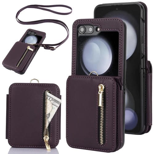 Estuche plegable para teléfono Samsung Galaxy Z Flip5 con ranuras para tarjetas y cremallera con cordón largo (Púrpura Oscuro)