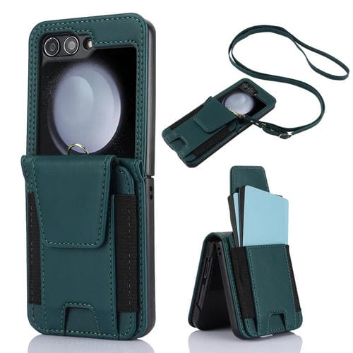 Funda para Teléfono Plegable Samsung Galaxy Z Flip5 con Ranuras para Tarjetas y Cordón Largo (Verde)