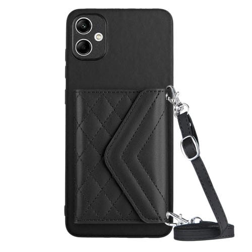 Funda para Teléfono Samsung Galaxy A05 4G Rfid con Bolsa para Tarjetas Textura Rómbica Cordón Largo (Negro)