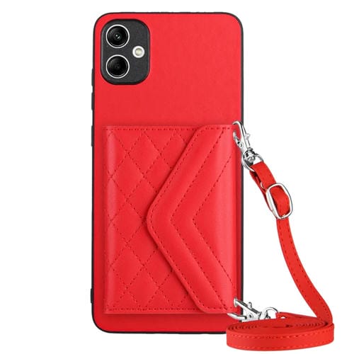 Funda para Teléfono Samsung Galaxy A05 4G con Bolsa para Tarjetas Rfid Textura Rómbica Cordón Largo (Rojo)