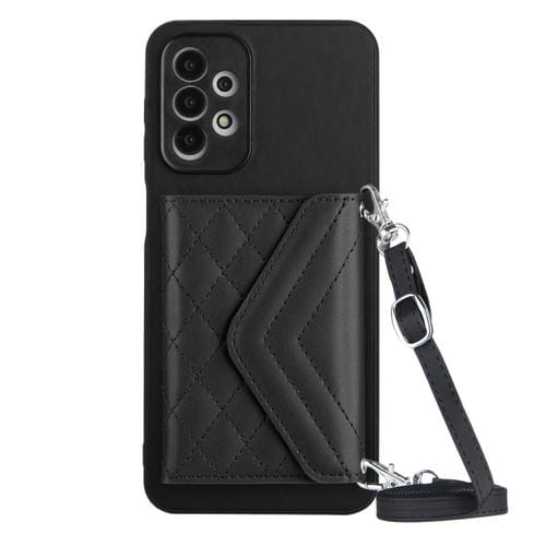 Funda para Teléfono Samsung Galaxy A13 4G Rfid con Bolsa para Tarjetas Textura Rómbica y Cordón Largo (Negro)