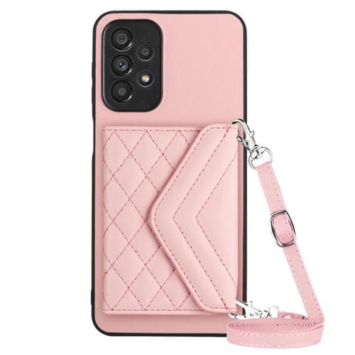 Estuche para Teléfono Samsung Galaxy A52 Rfid con Bolsa para Tarjetas Textura Rómbica y Cordón Largo (Oro Rosa)