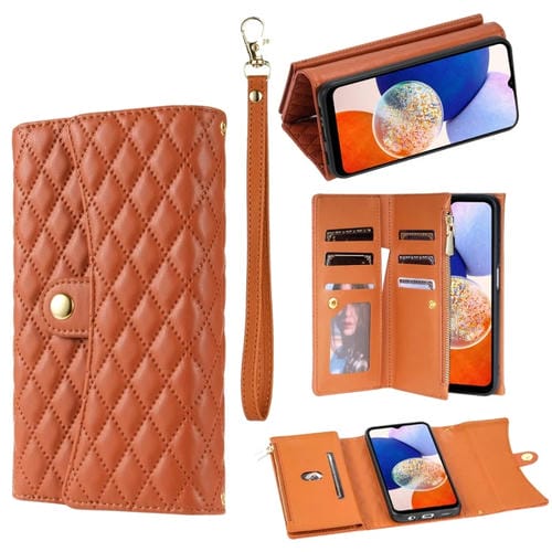 Funda para Teléfono Samsung Galaxy A73 5G con Billetera de Múltiples Tarjetas Cremallera Cuero Rómbico (Marrón)