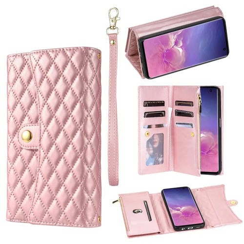 Funda para Teléfono Samsung Galaxy S10 Cuero Rómbico Billetera MultiTarjeta con Cremallera (Oro Rosa)