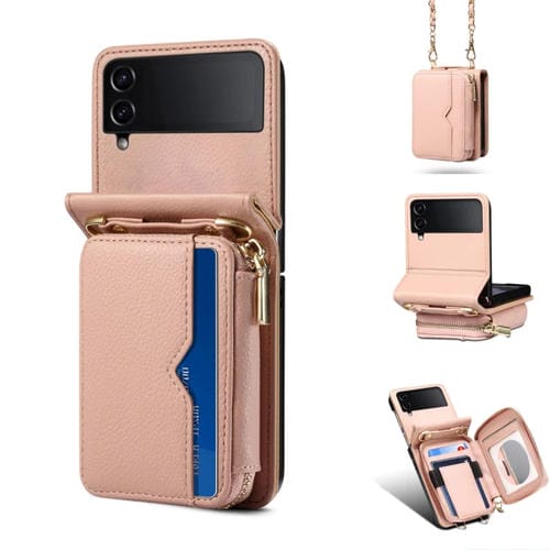 Funda para Samsung Galaxy Z Flip4 Cuero Plegable con Cordón Largo (Oro Rosa)