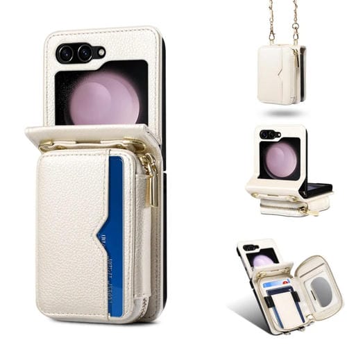 Funda de Cuero plegable para Samsung Galaxy Z Flip3 con Cordón Largo (Blanco)